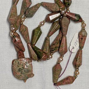 Unakite Nature Color Pearl Turtle Necklace 36"